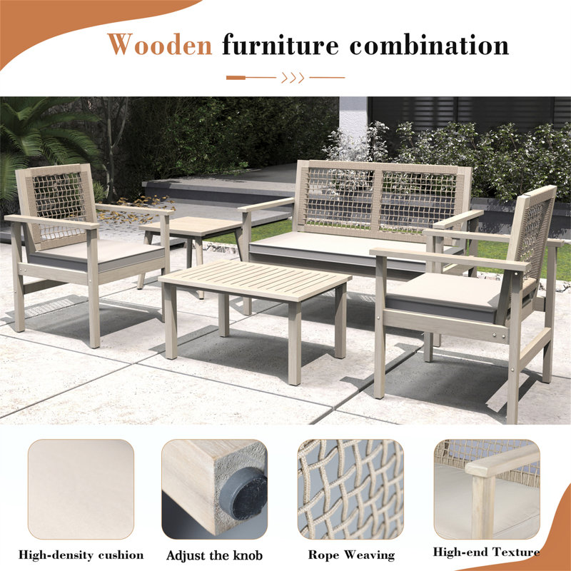 Acacia Wood Bench & Chair Sets – Outdoor Seating Set With Comfort & Woven Rope Design, 4