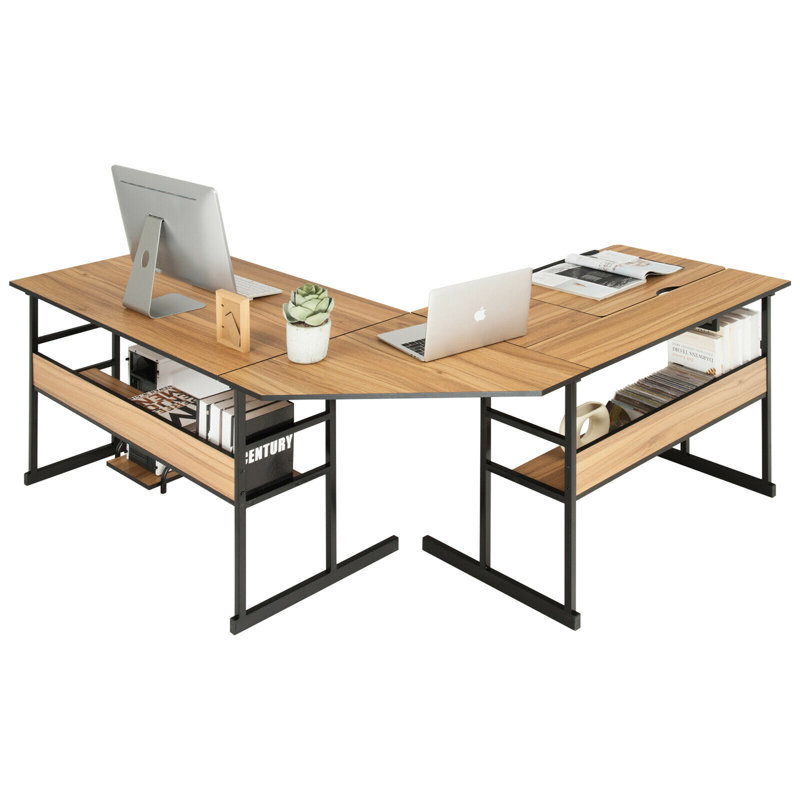 Doireann L-Shaped Metal Base Drafting Table, Walnut/Black