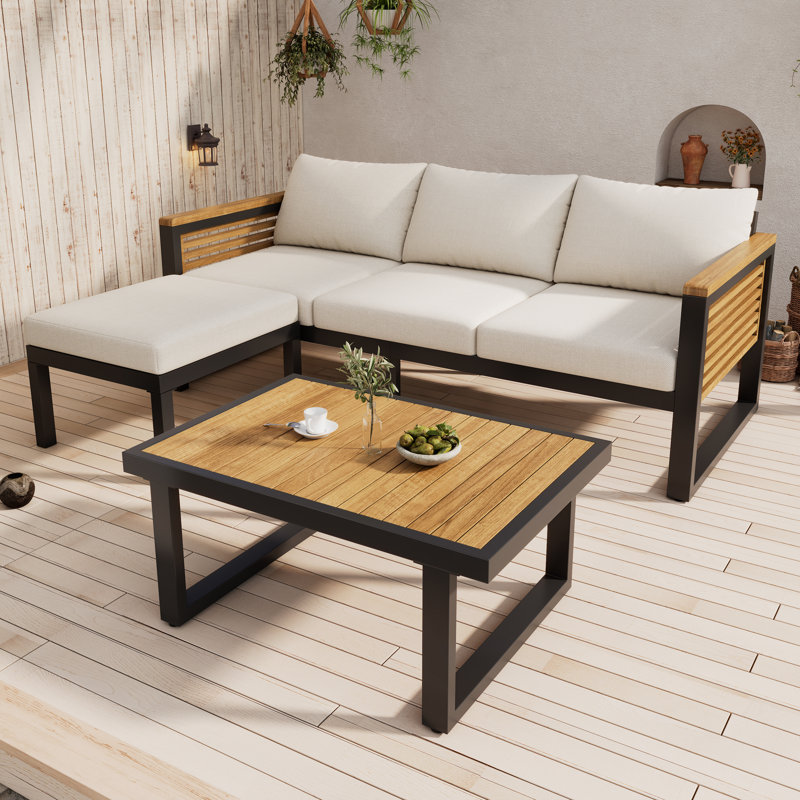 Chetanna Outdoor 3-Piece Acacia Wood Conversation Set With Iron Frame