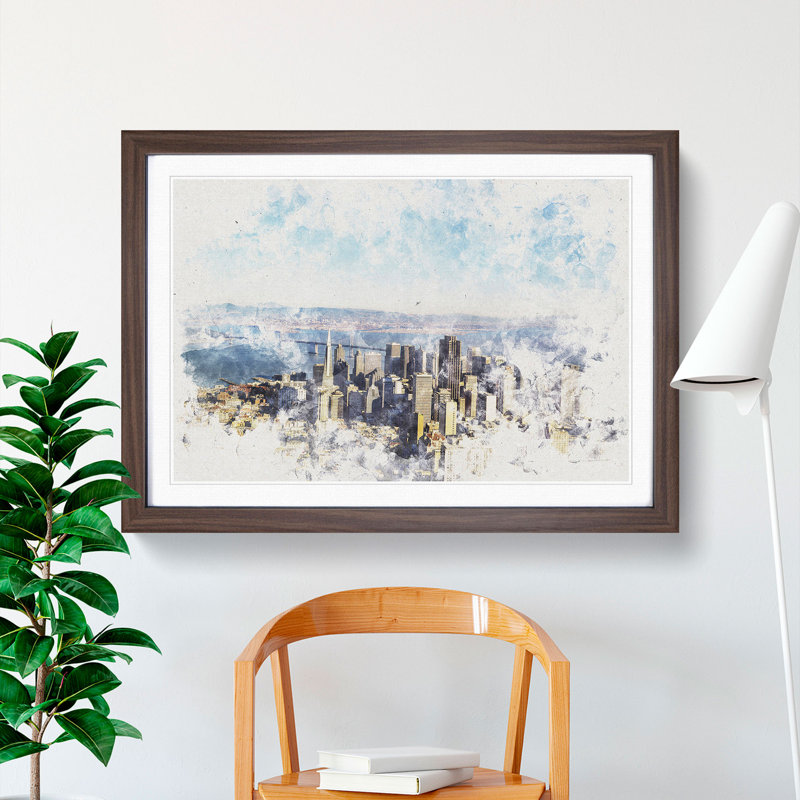 View Of San Francisco Watercolour - Picture Frame Graphic Art, Walnut, 33cm H x 45cm W x 2cm D