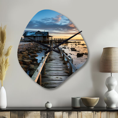 Pier And Dock Rustic I - Asymmetrical Port Metal Wall Clock, Brown Wall Clock Print