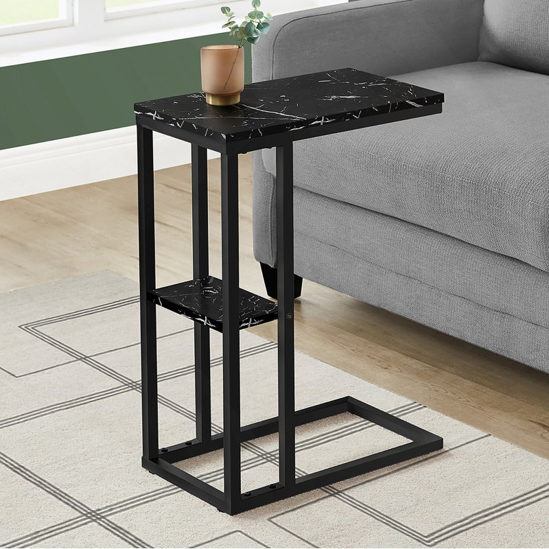 Table d'appoint, en forme de C, bout, côté, collation, stratifié aspect marbre noir, métal noir
