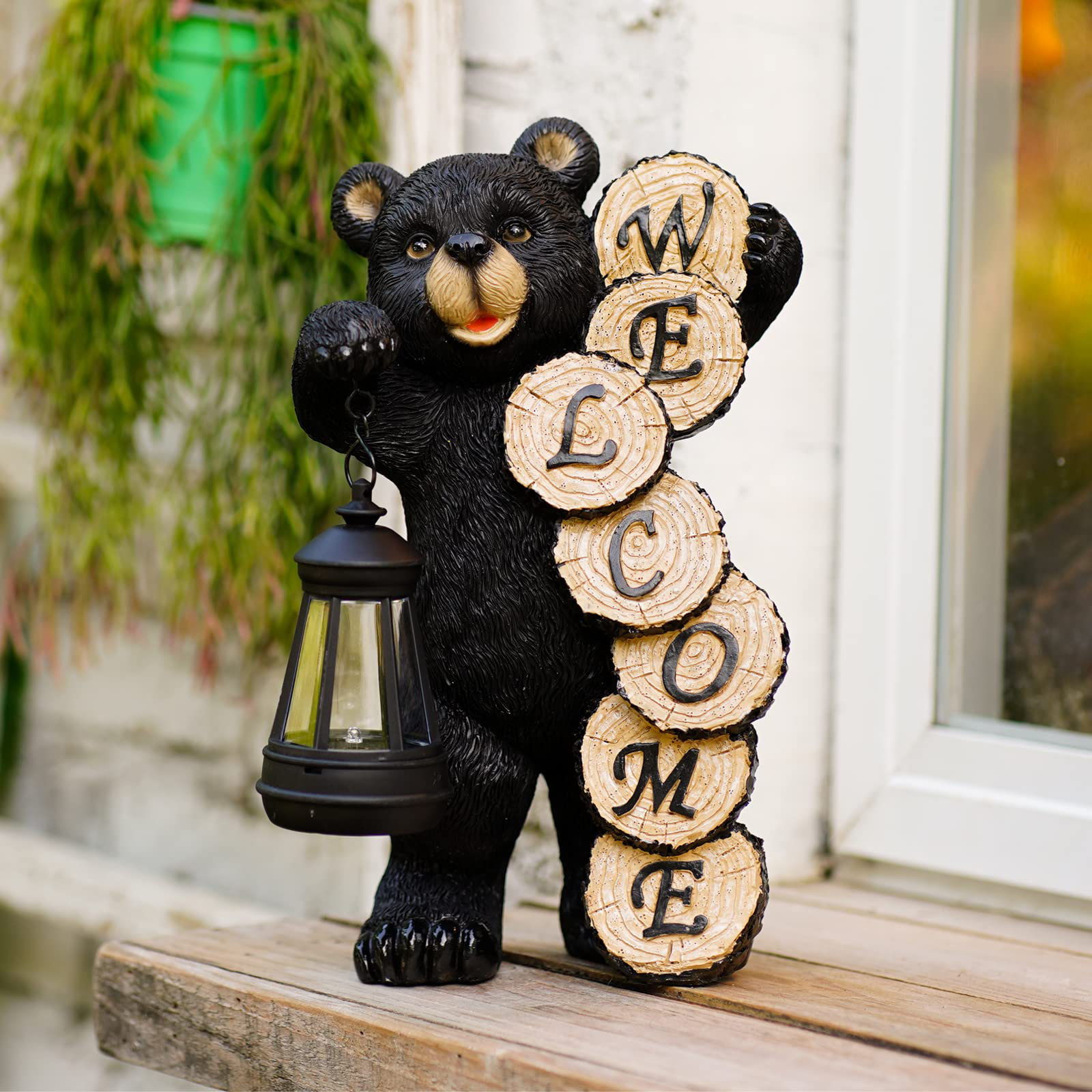 Kataleia Welcome Bear Statue with Solar Lantern Light - Unique Housewarming  Gift for Garden