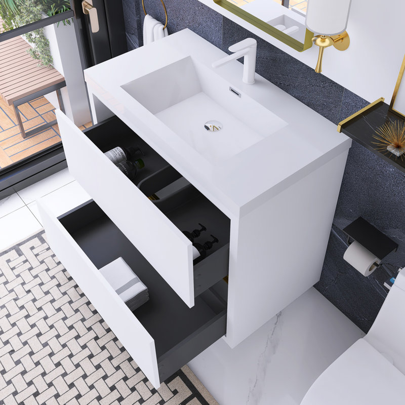 36 po Meuble-lavabo autoportant à simple cuve, Blanc lustré