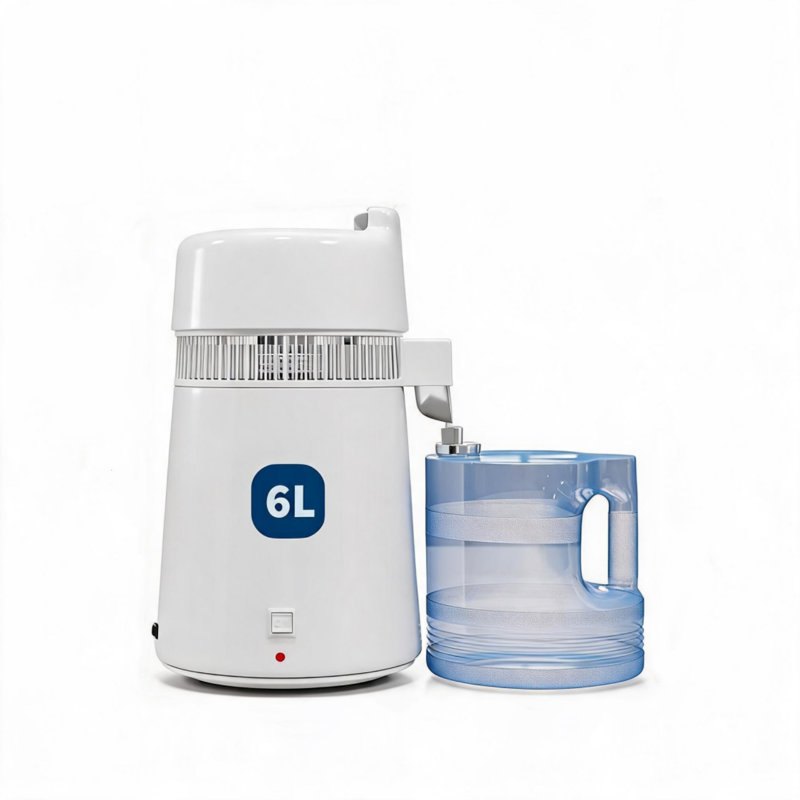 Machine à distiller l'eau de comptoir en acier inoxydable 304 de 6 L avec récipient de rangement en plastique, purificateur d'arrêt automatique de surchauffe à refroidissement rapide pour utilisation dans un aquarium de bureau à domicile