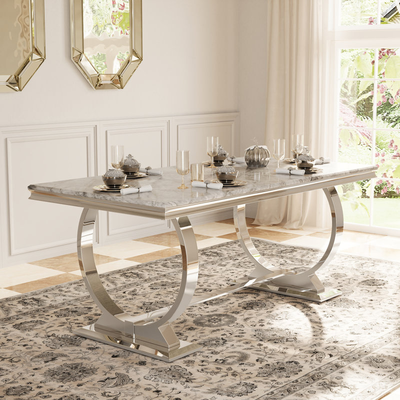Ensemble de table de salle à manger de luxe blanc et argent avec chaises en velours blanc, 7