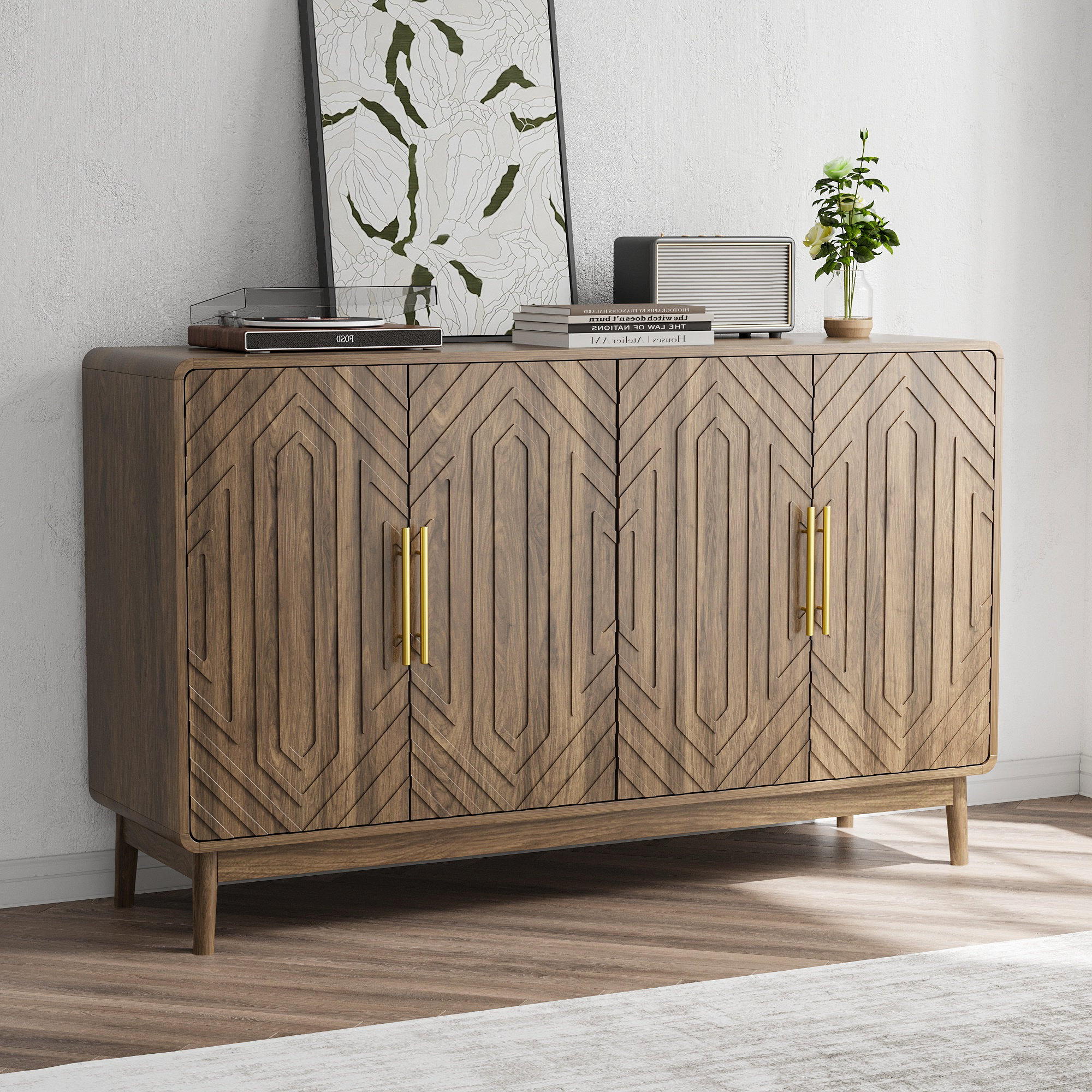 George Oliver 55-Inch Carved 4-Door Sideboard Buffet Cabinet with ...