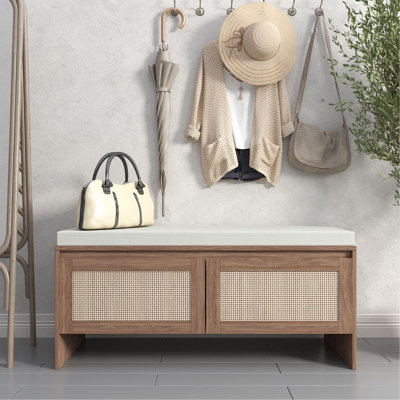 Banc de rangement en PP avec coussin, armoire à chaussures en faux rotin avec 2 portes, siège d'entrée en bois de style Mid-Century moderne, pour chambre à coucher, couloir, vestibule