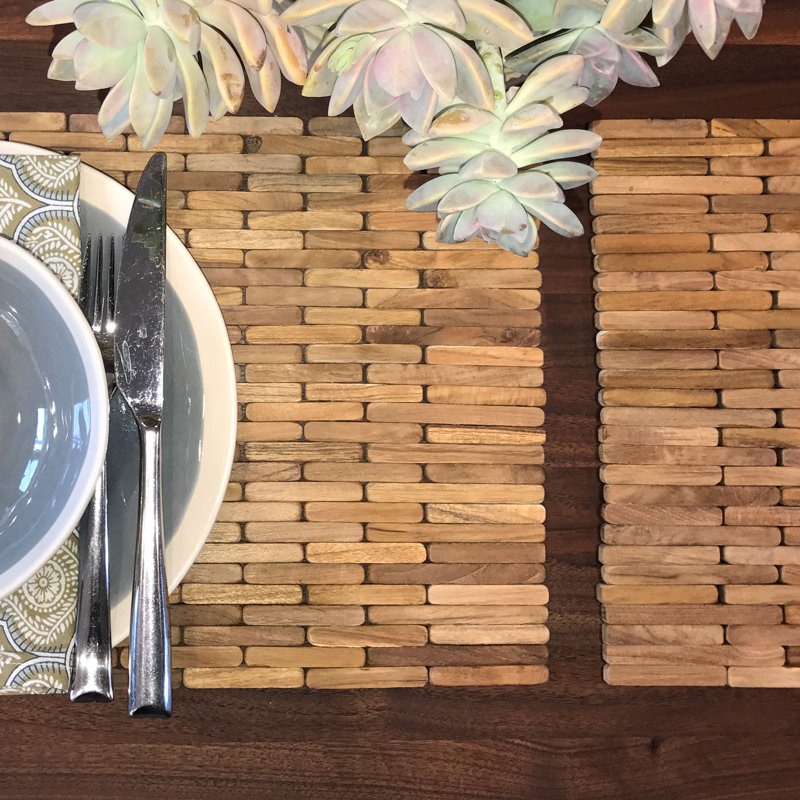 Handcrafted Teak Wood Geometric Rectangular Placemat Set