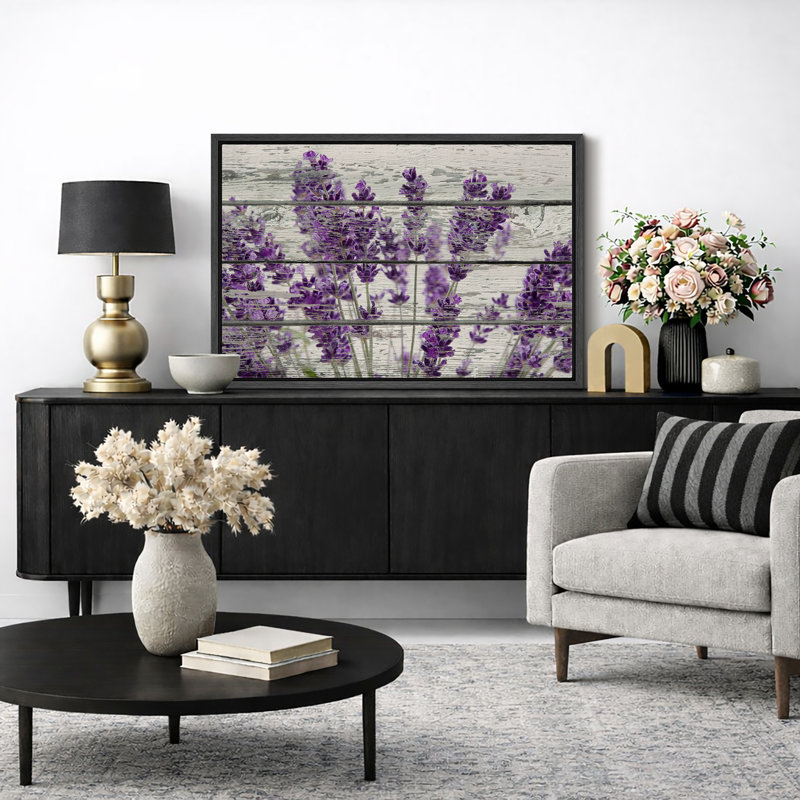 Œuvre d'art mauve lavande mauve sur fond effet bois, images murales rétro rustiques, impression sur toile encadrée, Noir