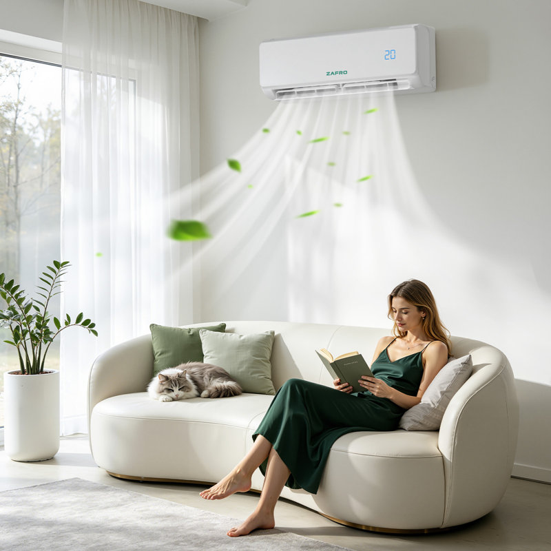 Climatiseur écoénergétique, système de refroidissement et de chauffage avec télécommande, autonettoyant et silencieux pour 1250 pieds carrés. Pi. Espace, blanc