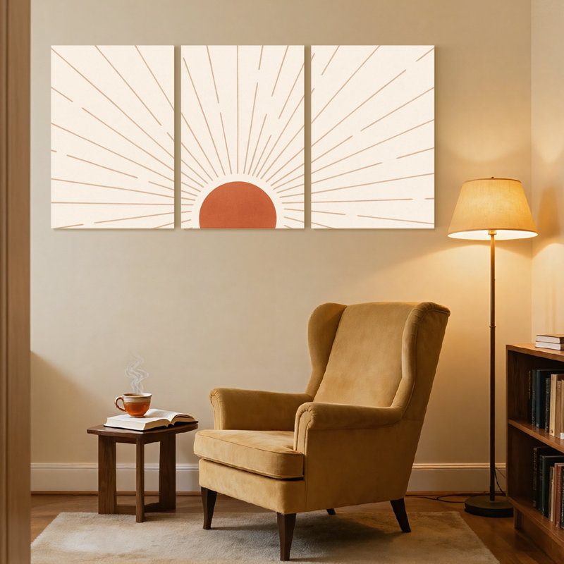 Ensemble de 3 impressions d'art sur toile, motif soleil et soleil orange, H 36 po x l 72 po