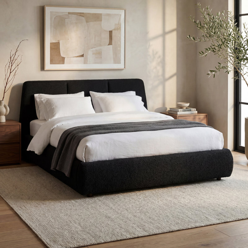 Lit plateforme tapissier Lansvale - Boucle noire - Grand, Grand lit, Noir