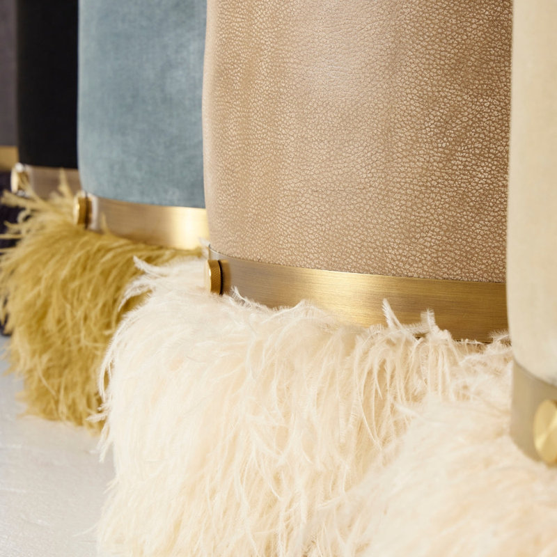 Leather Ostrich Fluff Pouf, Taupe/Cream