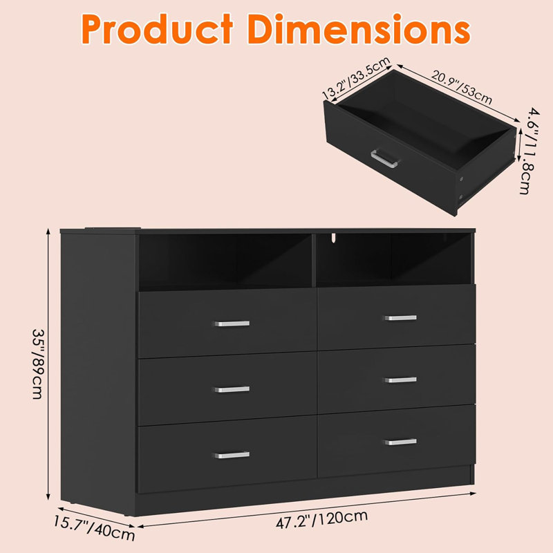 6 Drawer Dresser with Power Outlet, Dresser with LED Light, Modern Chest of Drawers with Open Storage Cubbies for Closet, Double Wide Drawer Organizer Cabinet for Bedroom, Living Room