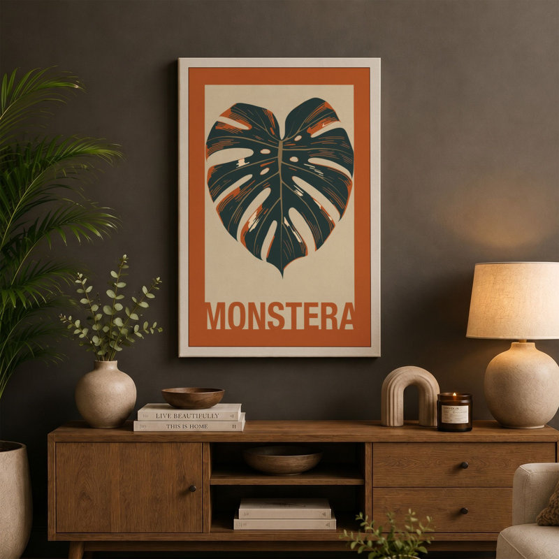 Monstera Leaf Study Botanical - Wrapped Canvas, 30x20 - 76.2 x 50.8 cm, Teal Border