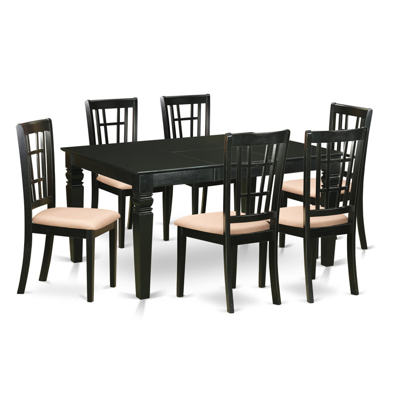 Ensemble de salle à manger 7 pièces composé d'une table de salle à manger rectangulaire avec rallonge papillon et 6 chaises de cuisine en tissu de lin, noir