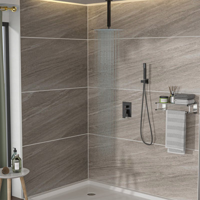 Pomme de douche double - Système de douche carré à fixation au plafond de 16 pouces avec valve brute