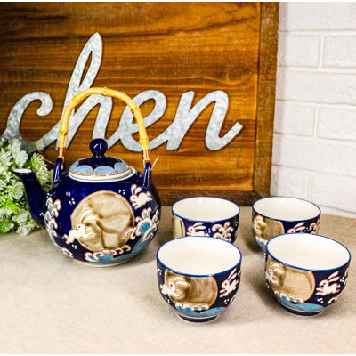 Blue Moon Rabbit Porcelain 30Oz Teapot With Bamboo Handle And 4 Tea Cups Set