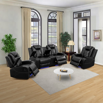 3-Pieces Breathable Leather Power Reclining Living Room Set USB Charging & Storage & Cupholders: Loveseat+Chair+Chair