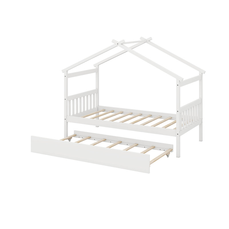Lit simple en bois avec lit gigogne, Blanc