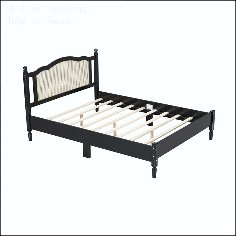Full Size Wooden Platform Bed with Natural Rattan Headboard and Wooden Slat Support, Black, Queen