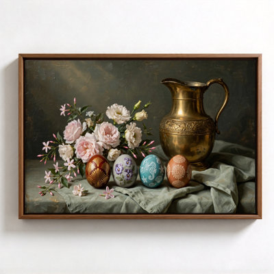 Flowers and Eggs in Brass, Black Framed Canvas Wall Art, 16" x 24", Modern Wall Decor for Living Room and Bedroom