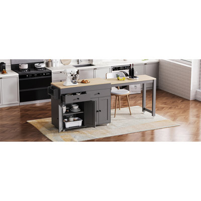Îlot de cuisine 74,5 po avec table de salle à manger extensible, îlot de cuisine sur roulettes avec support à épices et 2 tiroirs, armoire à 4 portes, pour la cuisine, la salle à manger, gris (deux ensembles), îlot de cuisine