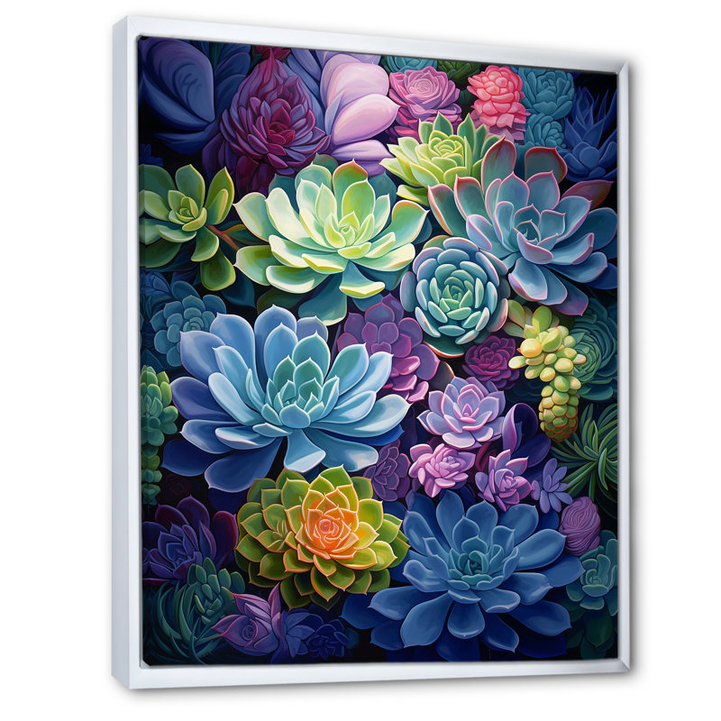 «Jelisha Blue Green Succulents Botanical Oasis», reproduction sur toile, H 32 po x l 24 po x P 1 po, Cadre flottant blanc