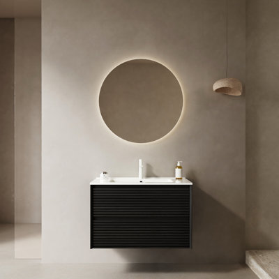 Meuble-lavabo pour salle de bain, 30 po, flottant, contreplaqué, lavabo en céramique blanche, 2 tiroirs, chêne foncé 30 po avec finition en contreplaqué, bonde de lavabo