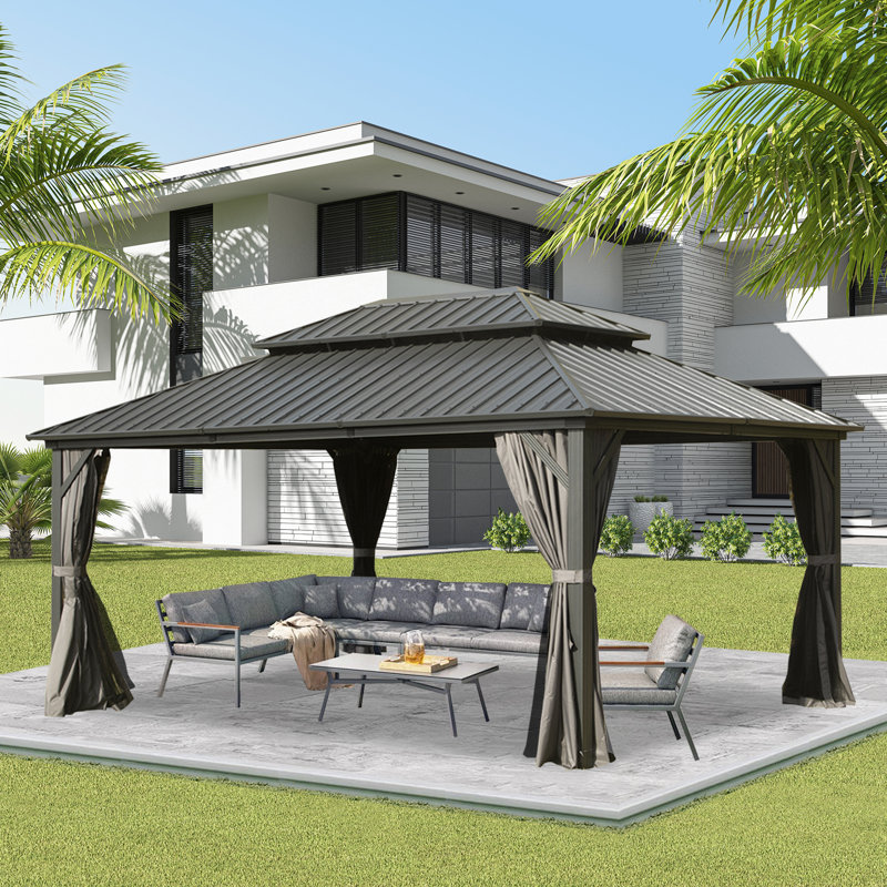 Pavillon de jardin en acier galvanisé avec double toit en pente, 12 pi x 16 pi, Gris