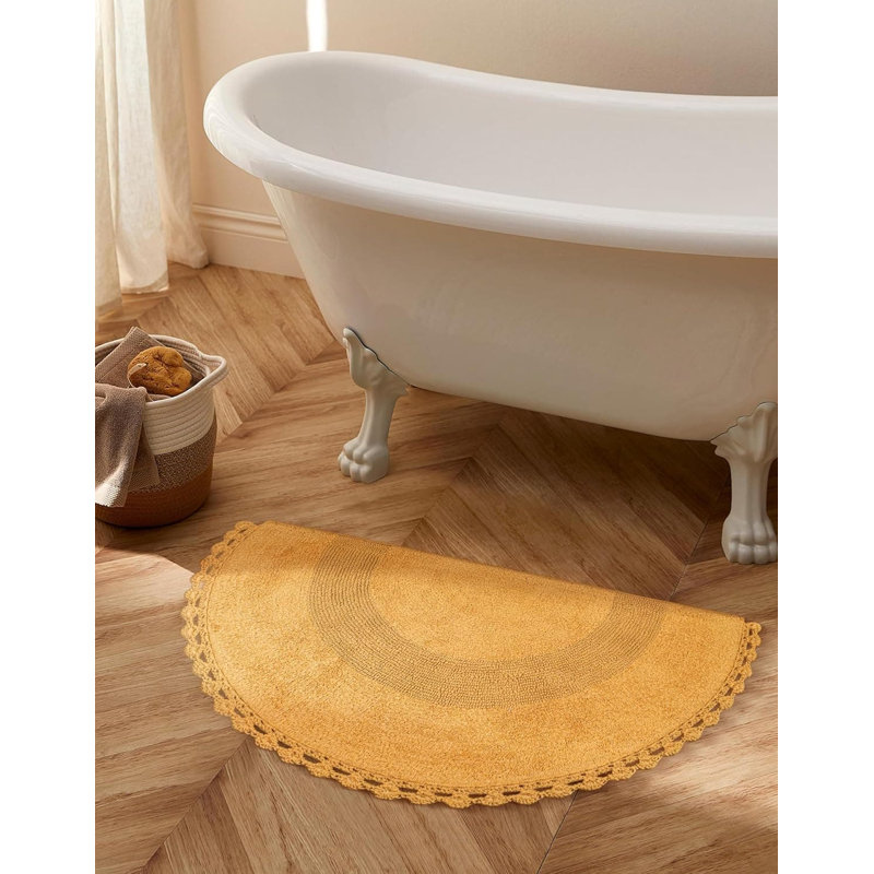 Half Circle Boho Cotton Rug - Handwoven Crochet Border | 22x42" | Machine Washable | Linen, Honey Mustard