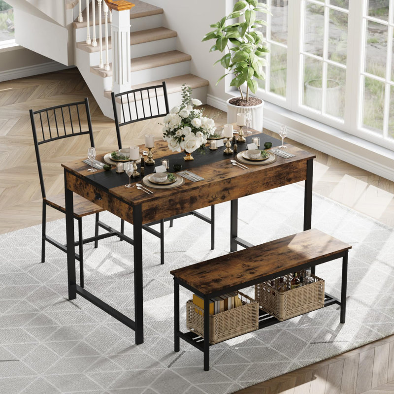 Ensemble de table de salle à manger pour 4 personnes, petite table de cuisine et 2 chaises pour 4 avec banc, Brun