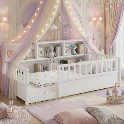Twin Size Floor Bed with Storage Shelves, Solid Wood Montessori Bed Frame with 21.4" High Rails & Slats, Simply Sori Bed Low Profile Beds for Kids, Boys and Girls, White