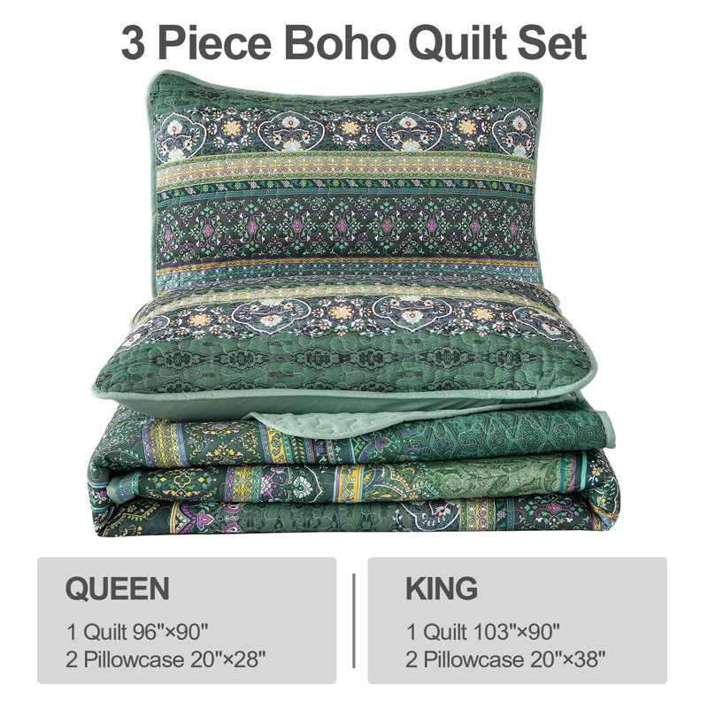 Ensemble de 3 courtepointe Boho Bohemian, Vert, Courtepointe pour lit grand + deux taies décorati