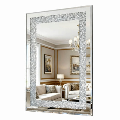 Crystal Crush Diamond Rectangle Silver Mirror for Wall, Large 36x24 Inch Decorative Hanging Mirror with Beveled Edge, Perfect for Modern Interiors