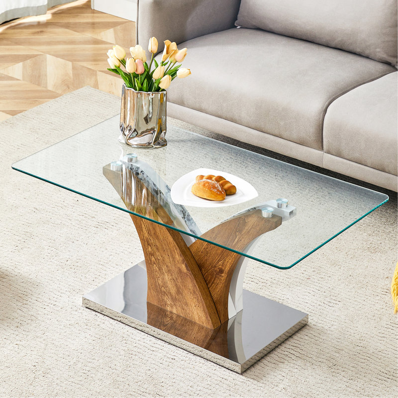 Table basse rectangulaire. Comptoir en verre trempé et pieds en panneau de fibres à densité moyenne artistiques, parfaits pour accueillir des dîners, des conférences, des décorations de maison et de bureau. Table de salle à manger blanche et en bois