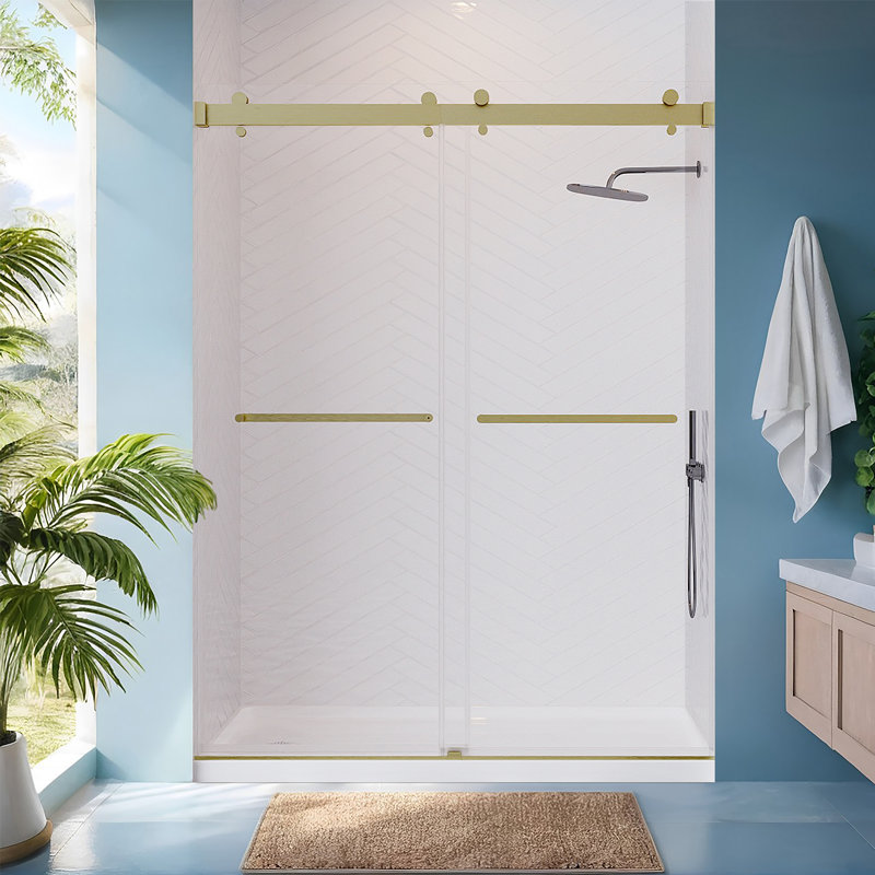 50" - 54" W × 76" H Double Sliding Frameless Shower Door With 3/8" Tempered Safety Glass, Brushed Gold