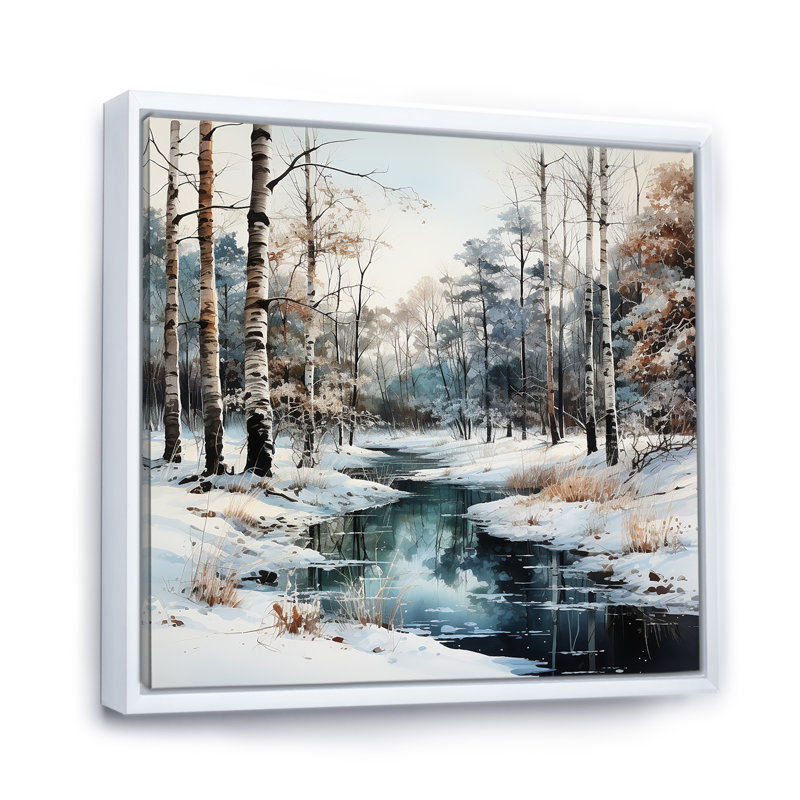Rivière en forêt, paysage d'hiver - impressions sur toile de forêt, Cadre flottant blanc, H 24 po x l 24 po x P 1 po