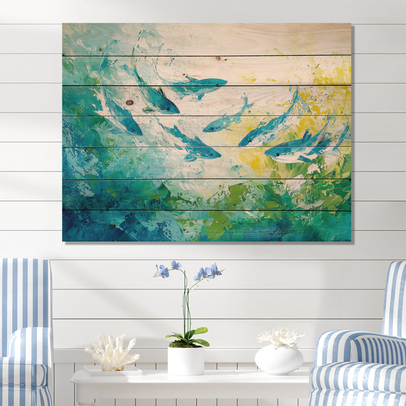 Abstract Sharks Swimming - Shark Wood Wall Decor On Natural Pine Wood, 24" H x 32" W