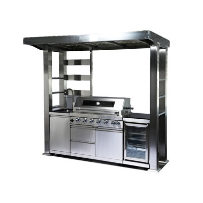Îlot de cuisine de 94 pouces avec 6 brûleurs et 85 000 brûleurs avec comptoir en granit noir et tiroirs de rangement. Brûleurs en acier inoxydable à haut rendement, brûleur infrarouge arrière, côté