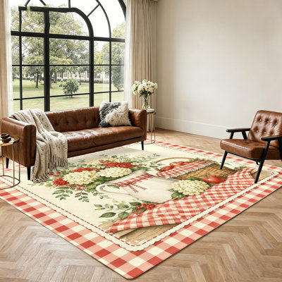 Tapis de style campagne rétro vintage, tapis de cuisine vichy rouge, tapis lavable antidérapant pour salon, chambre à coucher, entrée, patio, jardin, décoration intérieure