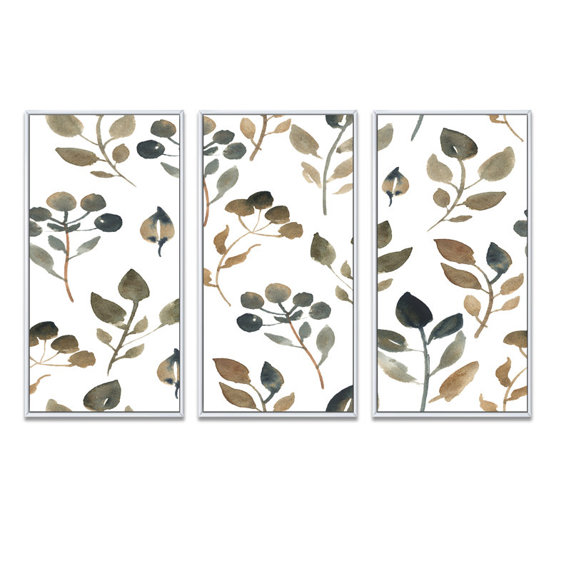 «Simple Brown Leaves On White», ensemble de 3 reproductions d'art encadrées sur toile, H 32 po x l 48 po x P 1 po