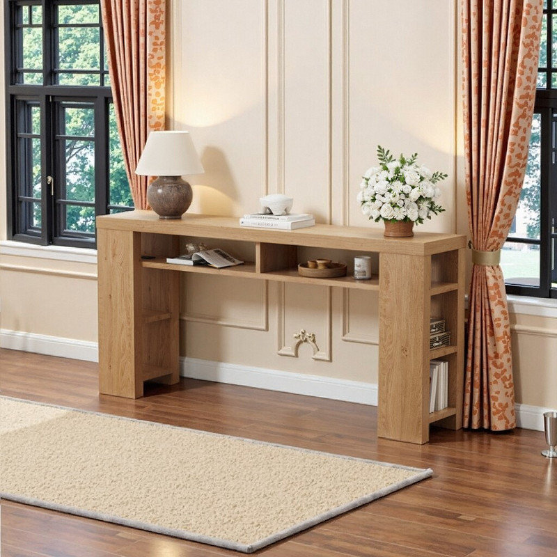 Console de chargement en bois massif de 180 cm avec 5 tablettes et ports USB, Bois naturel