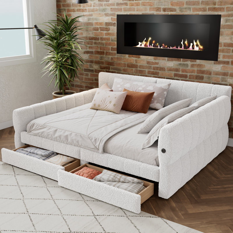 Upholstered King Daybed With USB and Drawers, White