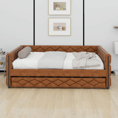 Lit de jour double rembourré de taille XL avec couchette et lumières DEL, canapé-lit en similicuir avec dossier capitonné à losanges