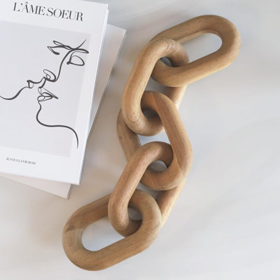 21" Natural Wood Chain Link Sculpture, Decorative Wooden Coffee Table Accent