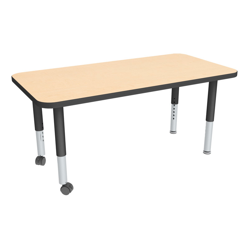Adjustable Height Rectangular Preschool Classroom Activity Table with Casters, Black, Maple, 48" L x 24" W
