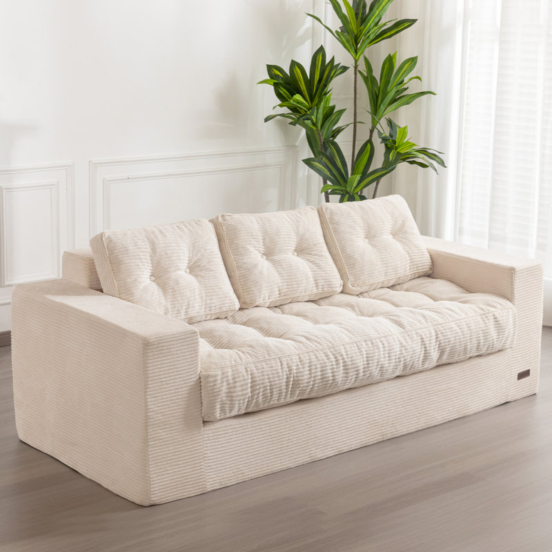 Boneless 3 Seater Couch For Living Room, Boneless Couch With Tufted Cushion & Backrest, Upholstered Floor Sofa With Armrests