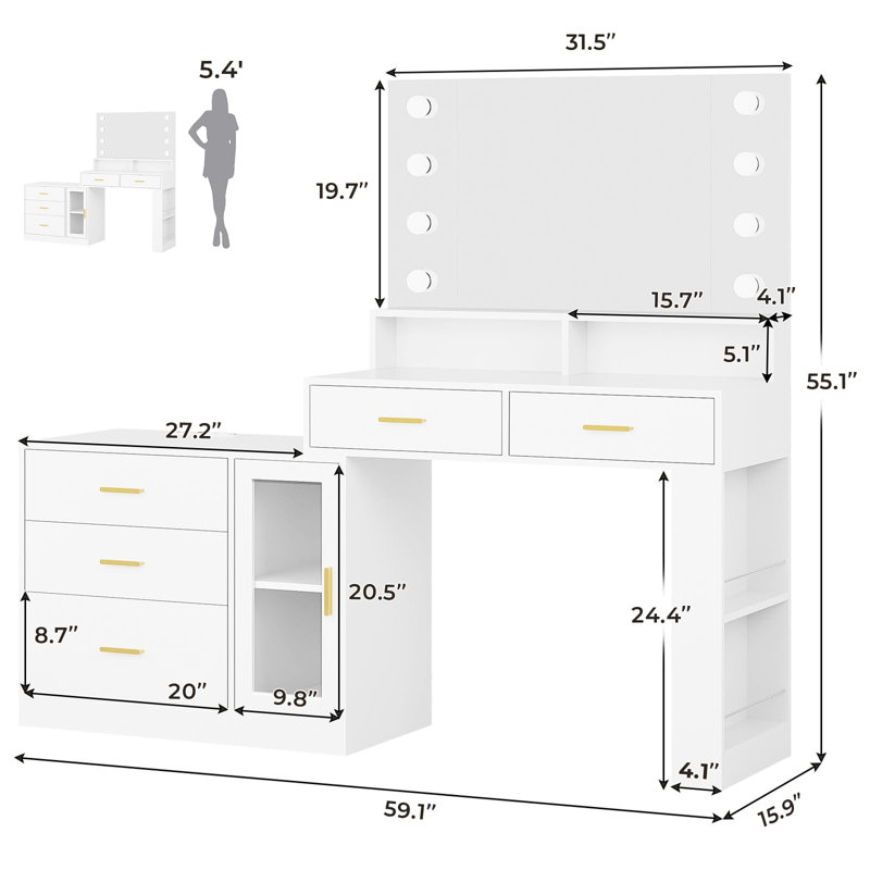 LED Makeup Dressing Table - with 3 Drawers + Dimmable Mirror, Modern Bedroom Vanity Desk, White
